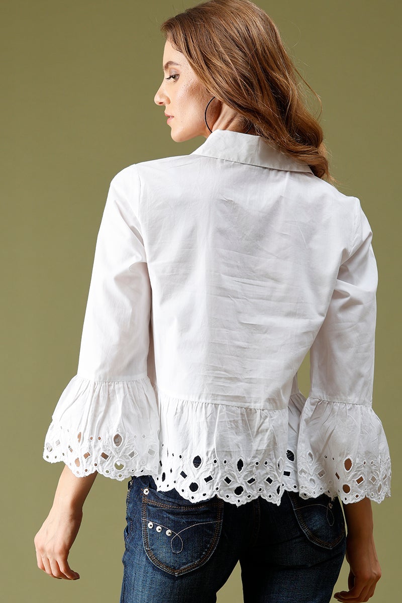White Medium Length Round Neck Cotton Top