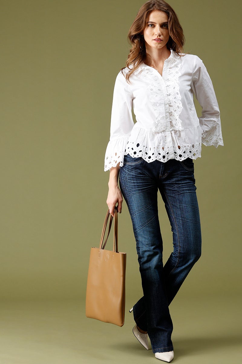 White Medium Length Round Neck Cotton Top