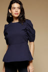 Navy Blue Medium Length Round Neck Short Sleeves Poly Crepe Top