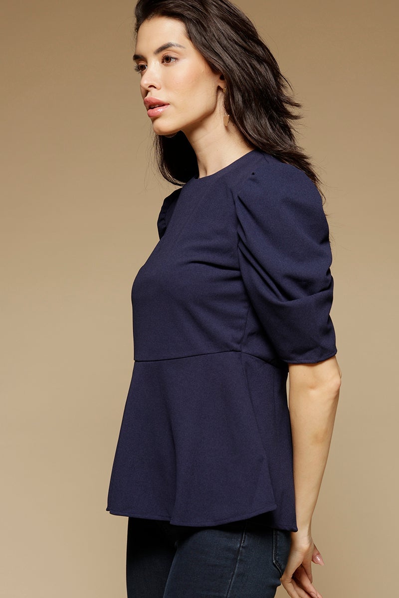 Navy Blue Medium Length Round Neck Short Sleeves Poly Crepe Top
