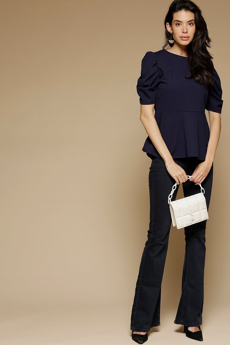 Navy Blue Medium Length Round Neck Short Sleeves Poly Crepe Top