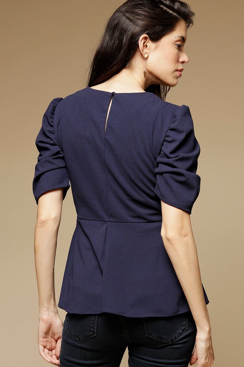 Navy Blue Medium Length Round Neck Short Sleeves Poly Crepe Top