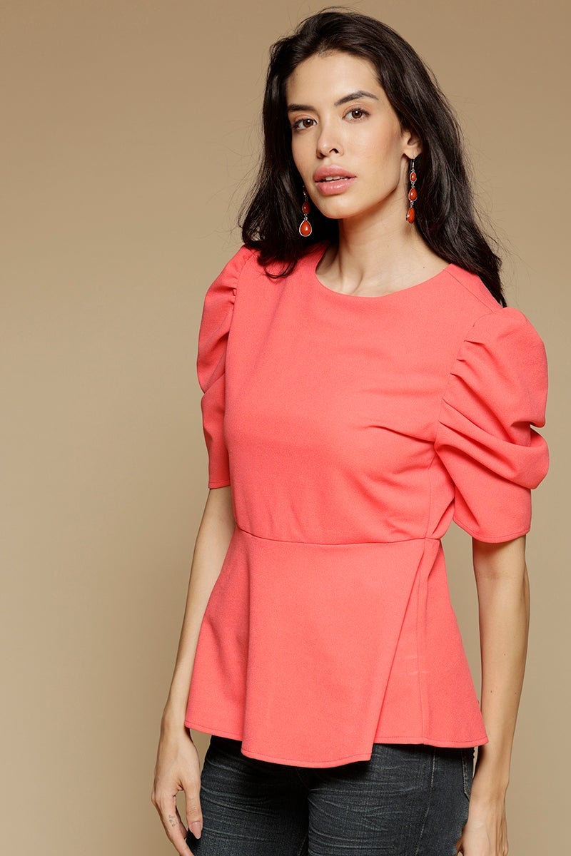 Tomato Medium Length Round Neck Short Sleeves Poly Crepe Top