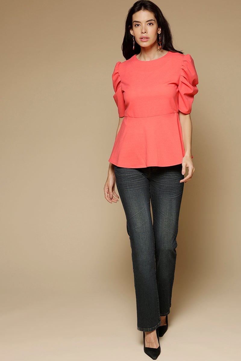 Tomato Medium Length Round Neck Short Sleeves Poly Crepe Top