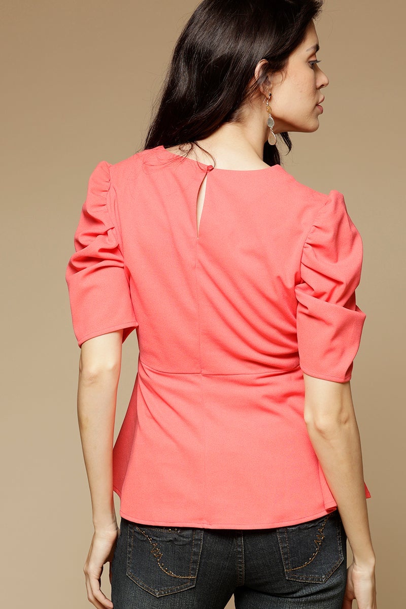 Tomato Medium Length Round Neck Short Sleeves Poly Crepe Top
