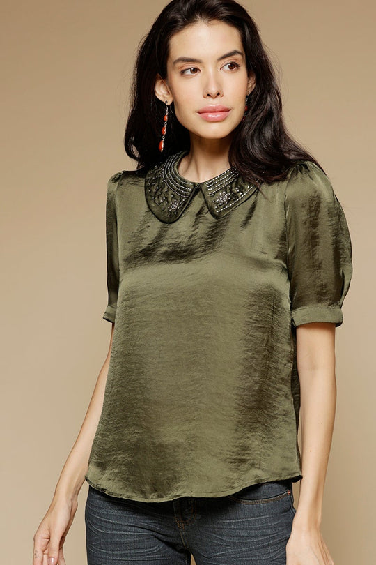 Olive Medium Length Peter Pan Neck Short Sleeves Satin Top