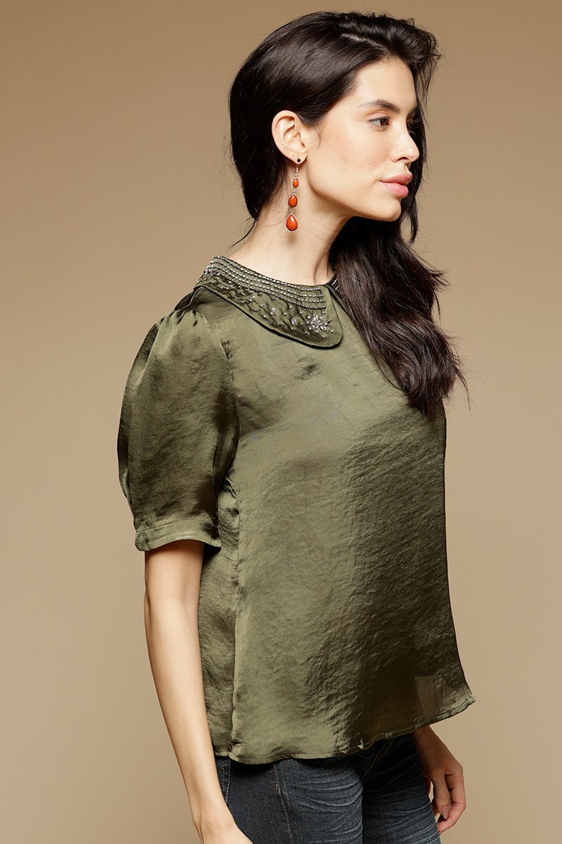 Olive Medium Length Peter Pan Neck Short Sleeves Satin Top