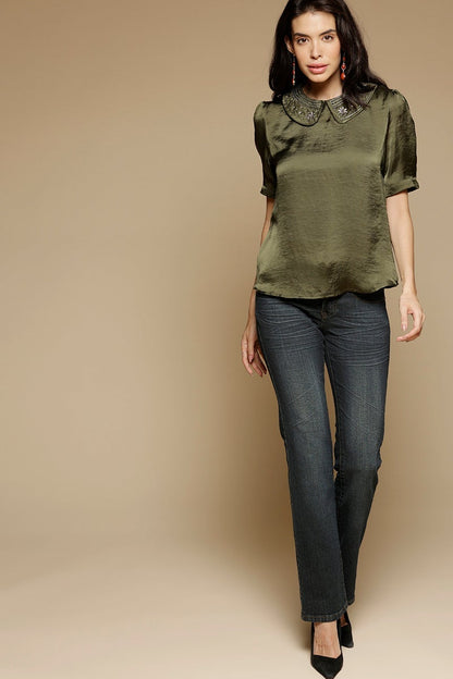 Olive Medium Length Peter Pan Neck Short Sleeves Satin Top