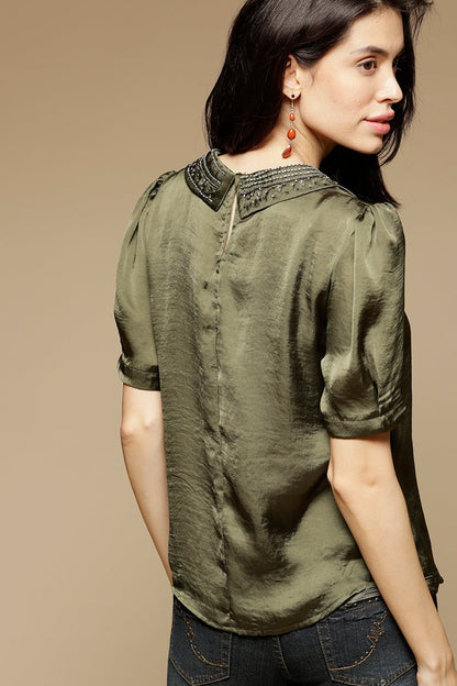 Olive Medium Length Peter Pan Neck Short Sleeves Satin Top