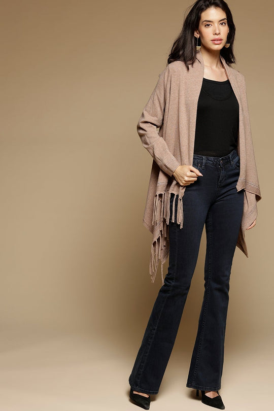 Khaki Regular Length Long Sleeves Front Open Solid Acrylic Cape