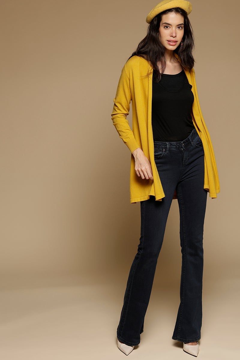 Mustard Regular Length Long Sleeves Front Open Solid Acrylic Cardigan