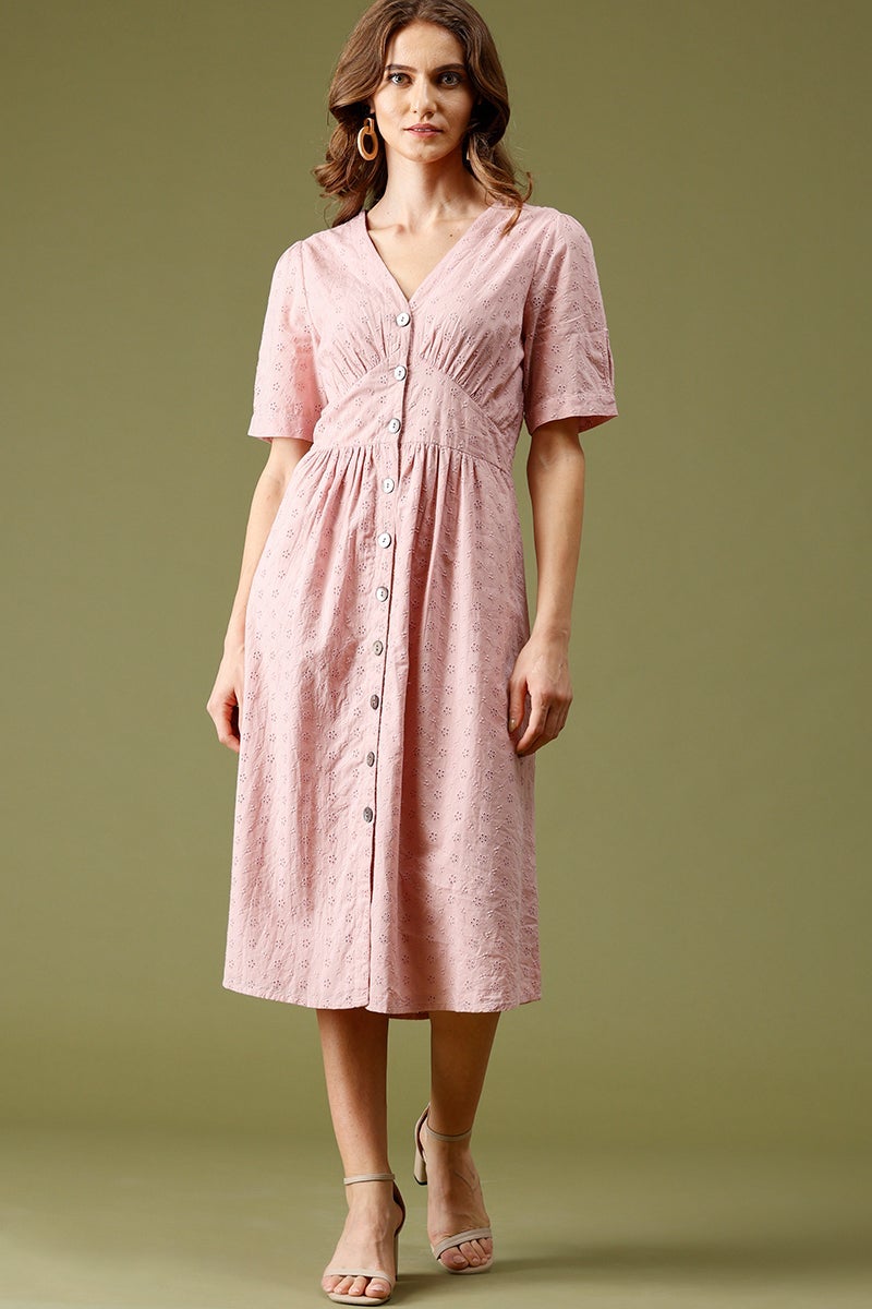 Pink Midi Length V-Neck Cotton Dress