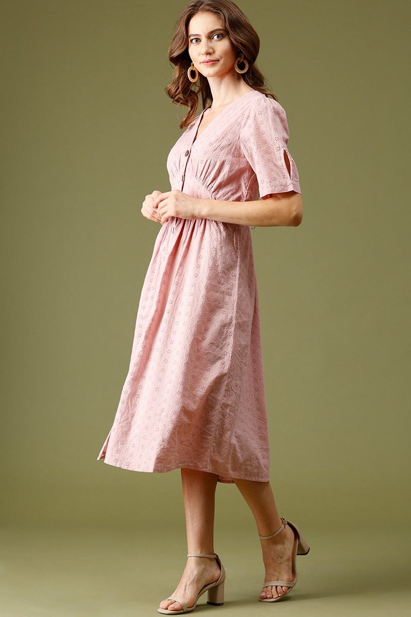 Pink Midi Length V-Neck Cotton Dress