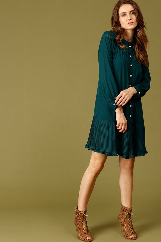 Bottle Green Knee Length Peter Pan Collar Polyester Dress