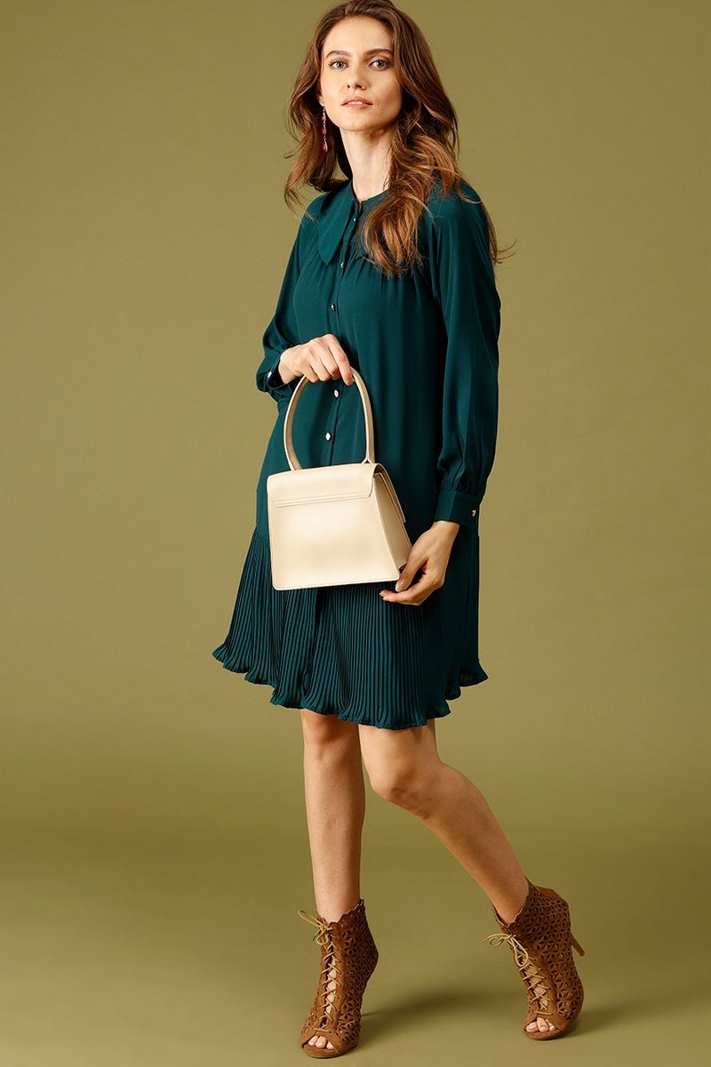 Bottle Green Knee Length Peter Pan Collar Polyester Dress