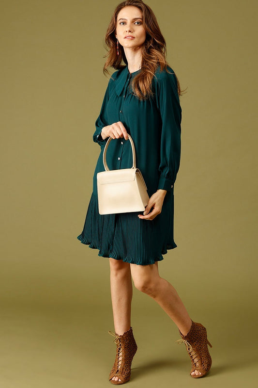 Bottle Green Knee Length Peter Pan Collar Polyester Dress
