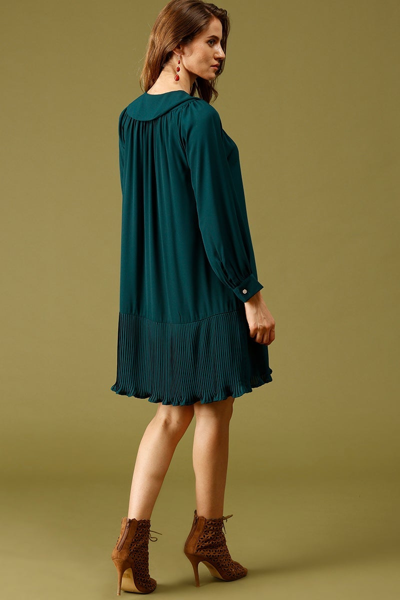 Bottle Green Knee Length Peter Pan Collar Polyester Dress