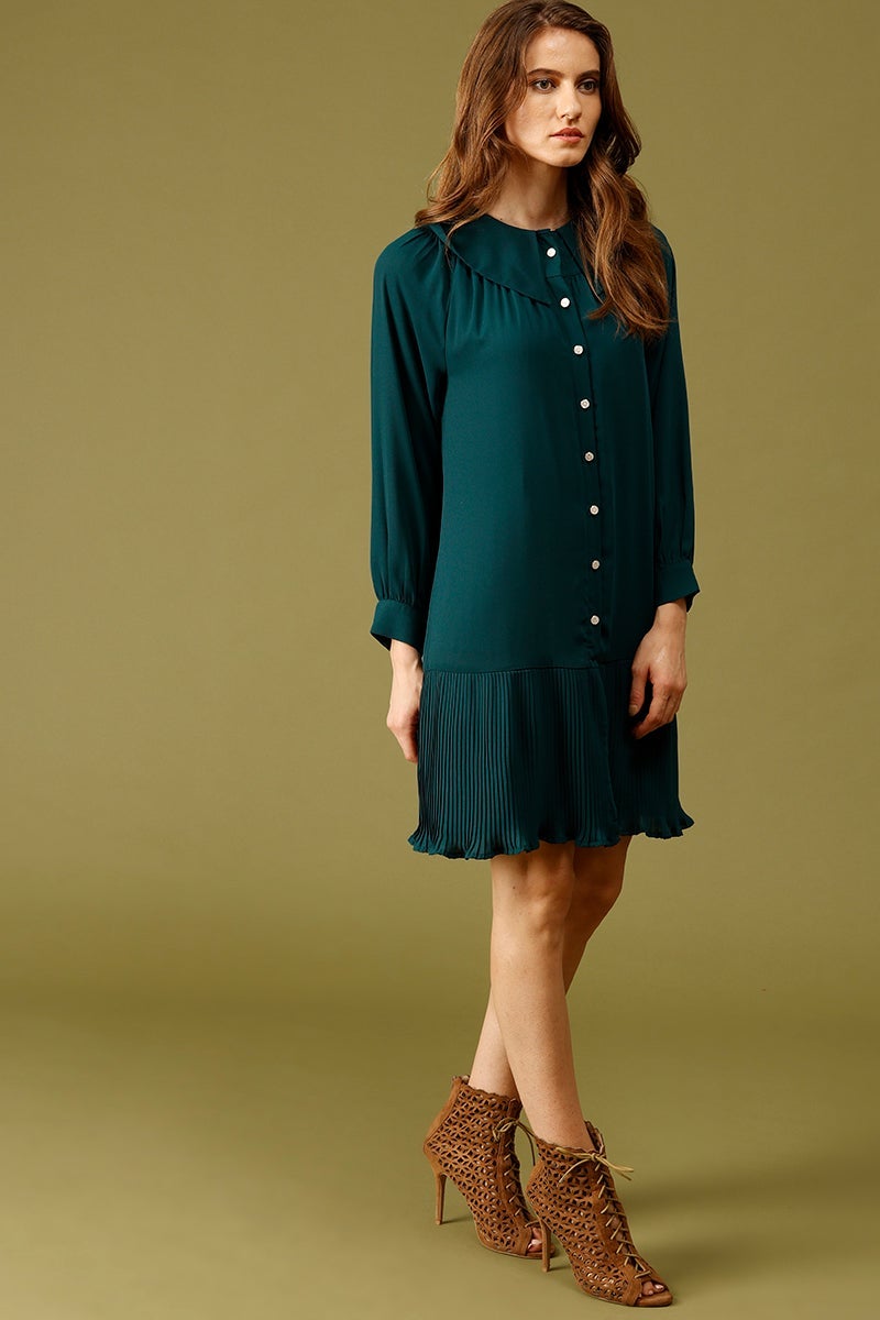 Bottle Green Knee Length Peter Pan Collar Polyester Dress