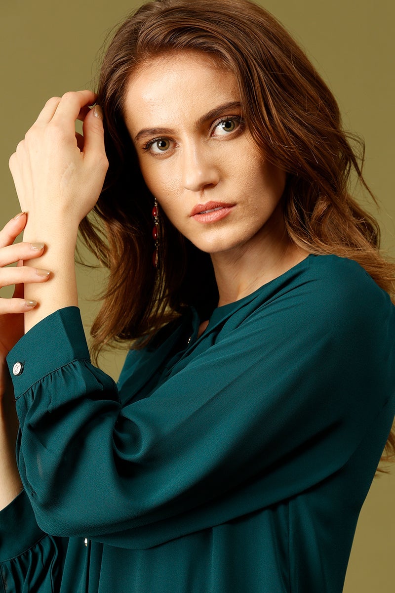 Bottle Green Knee Length Peter Pan Collar Polyester Dress