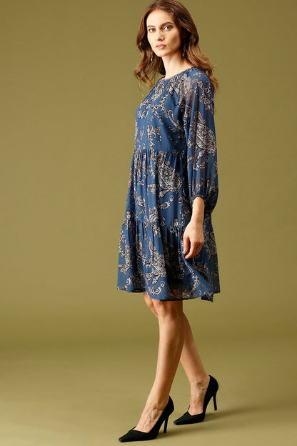 Blue Knee Length Round Neck 3/4th Sleeves Printed Polyester Dress