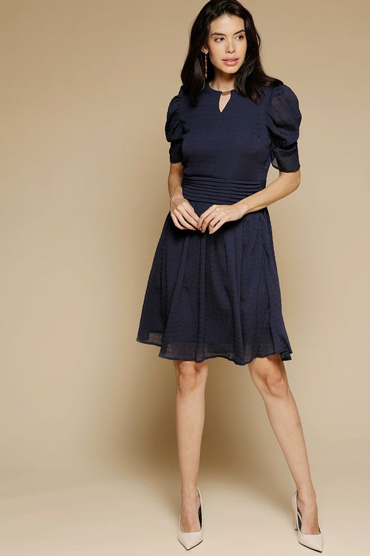 Navy Blue Above Knee Length KeyHole Neck Polyester Chiffon Dress
