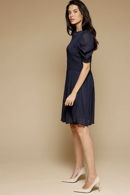 Navy Blue Above Knee Length KeyHole Neck Polyester Chiffon Dress