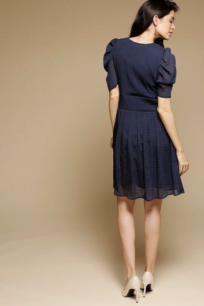 Navy Blue Above Knee Length KeyHole Neck Polyester Chiffon Dress