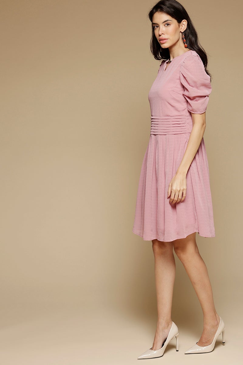 Onion Pink Above Knee Length KeyHole Neck Polyester Chiffon Dress