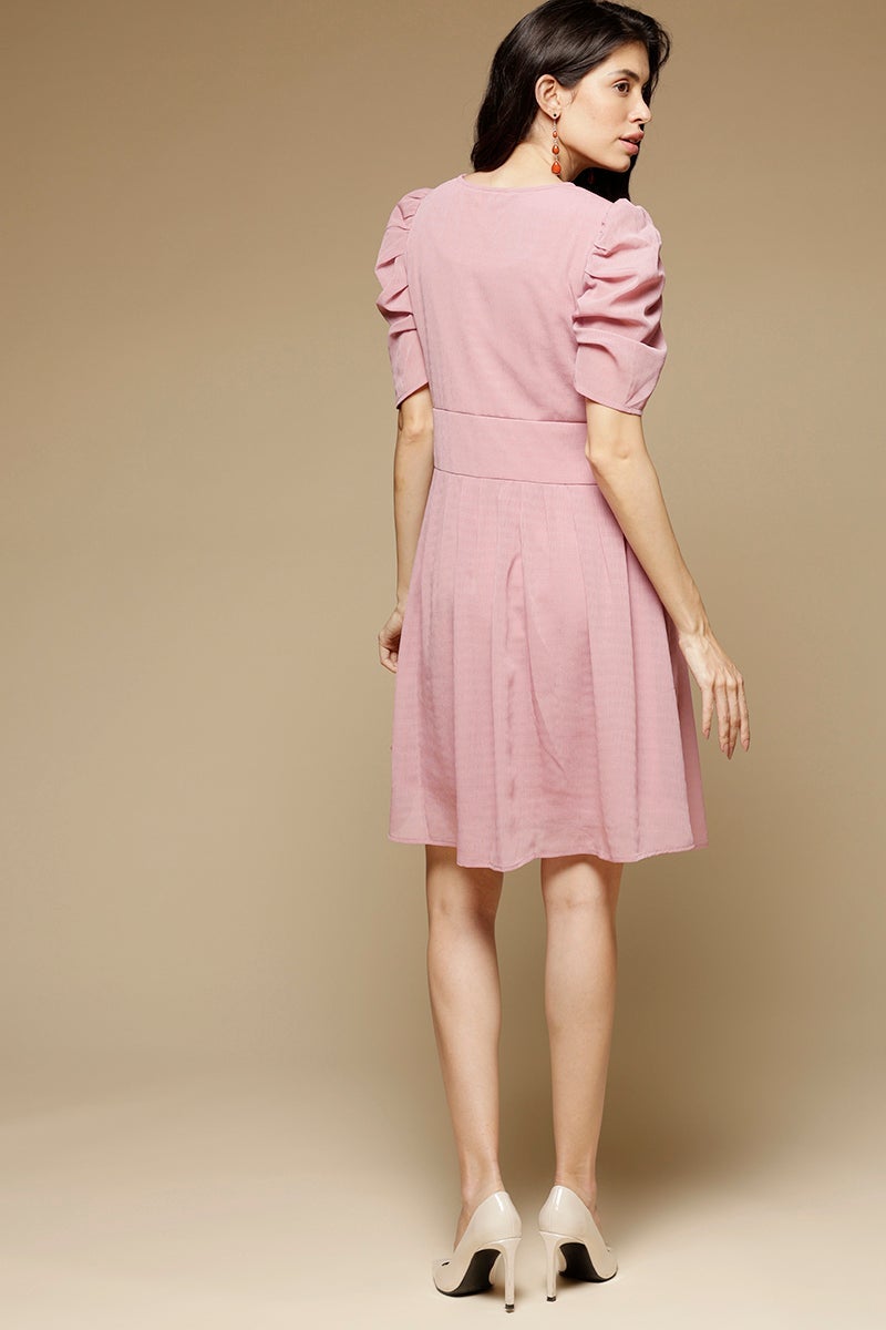 Onion Pink Above Knee Length KeyHole Neck Polyester Chiffon Dress