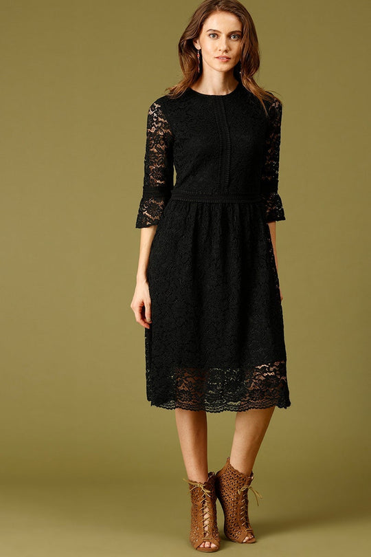 Black Midi Length Round Neck Polyester Dress