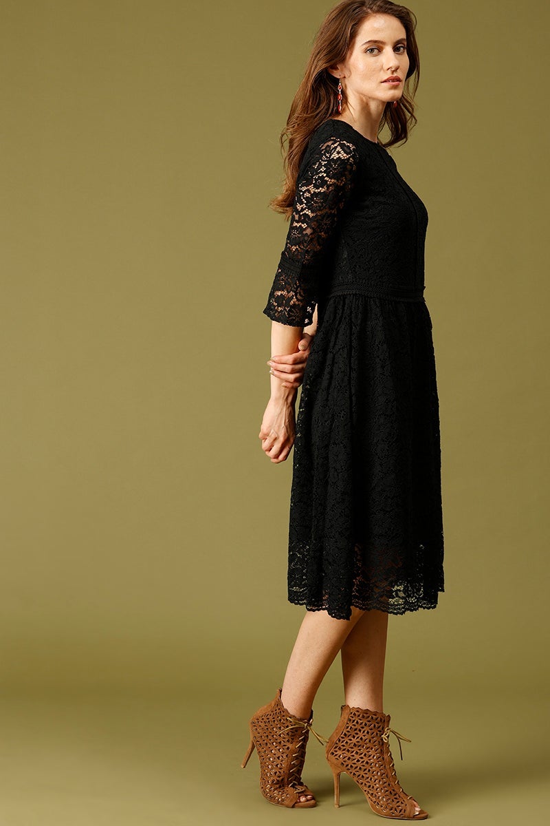 Black Midi Length Round Neck Polyester Dress