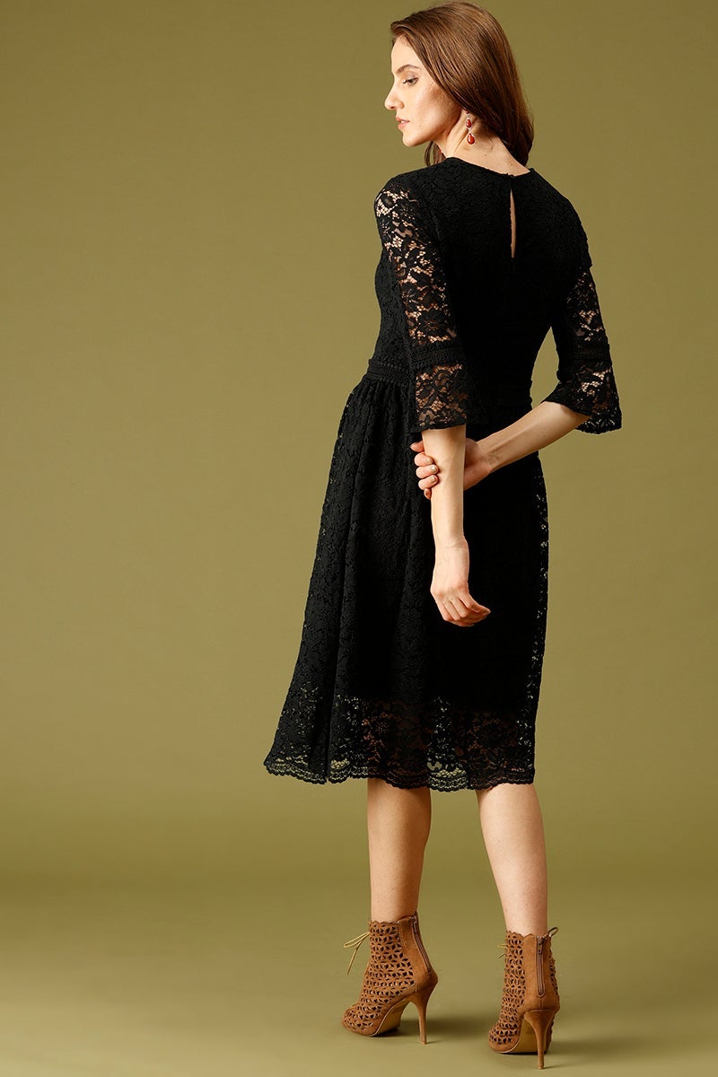 Black Midi Length Round Neck Polyester Dress