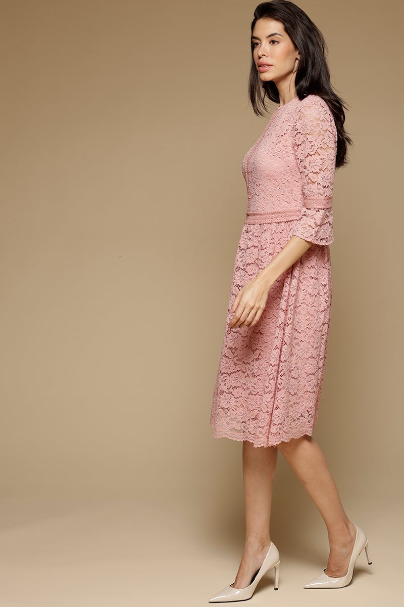 Pink Knee Length Round Neck Polyester Chiffon Dress