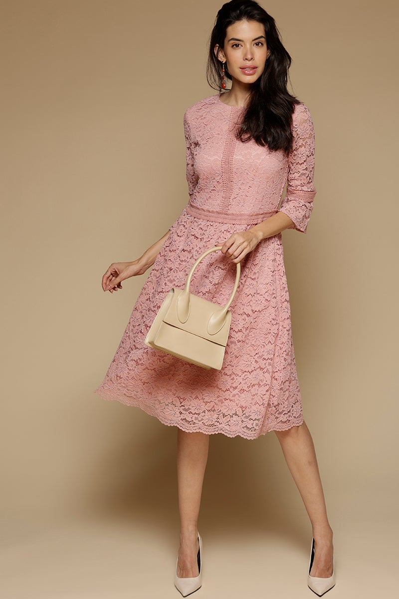Pink Knee Length Round Neck Polyester Chiffon Dress
