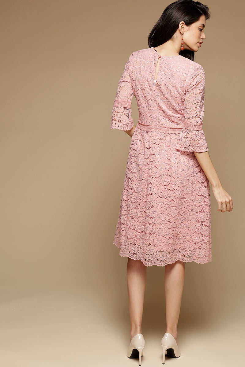 Pink Knee Length Round Neck Polyester Chiffon Dress