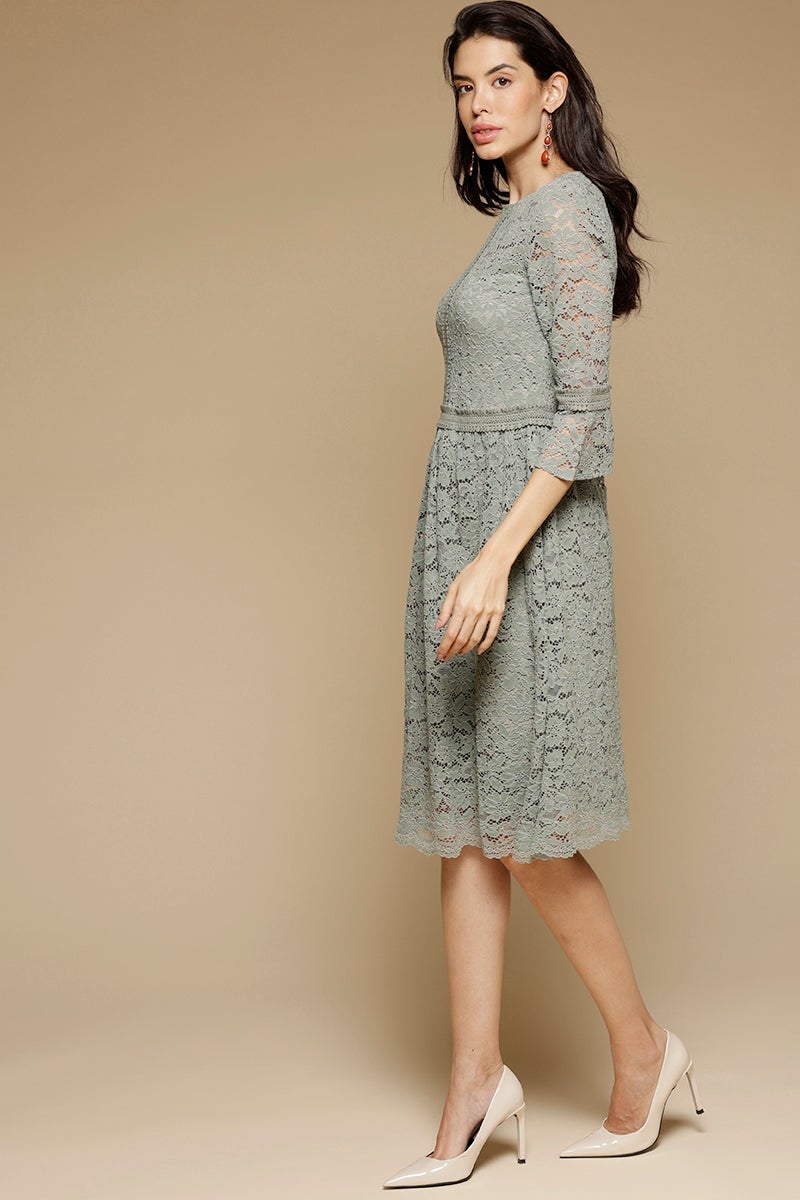 Sage Knee Length Round Neck Polyester Chiffon Dress