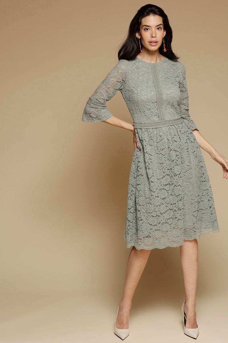 Sage Knee Length Round Neck Polyester Chiffon Dress