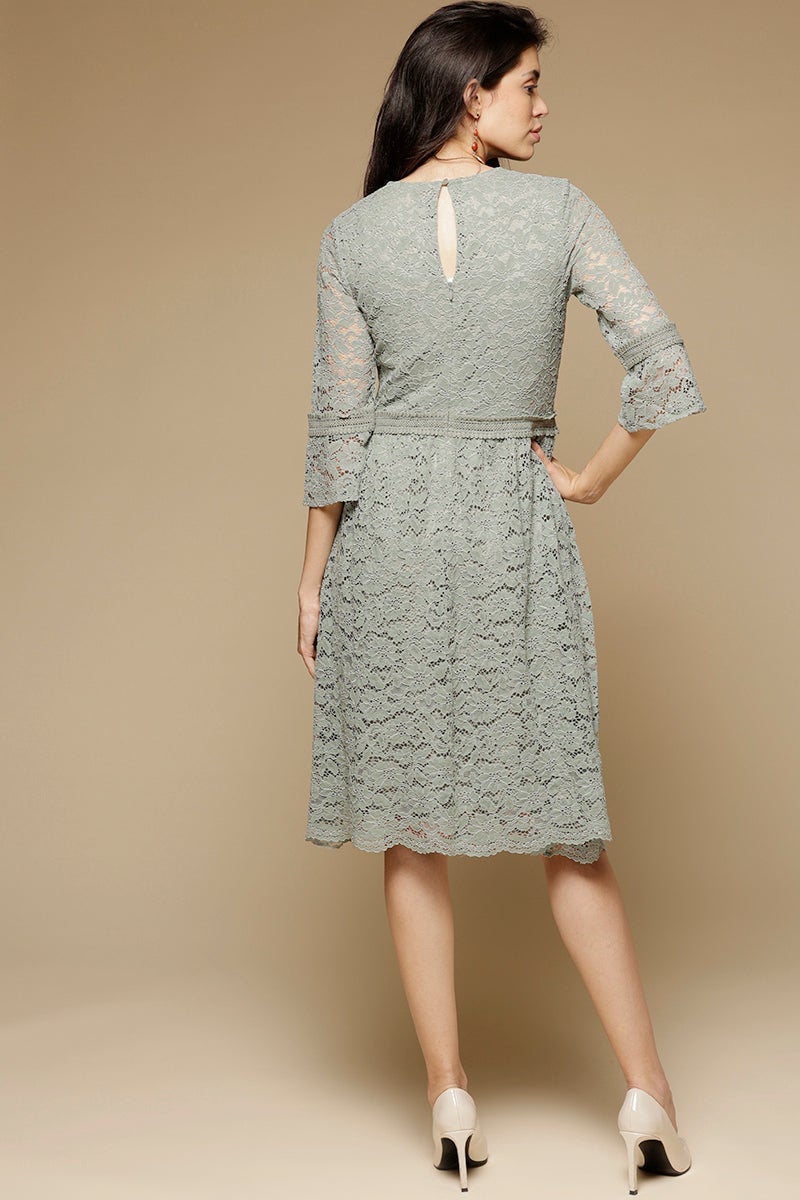 Sage Knee Length Round Neck Polyester Chiffon Dress
