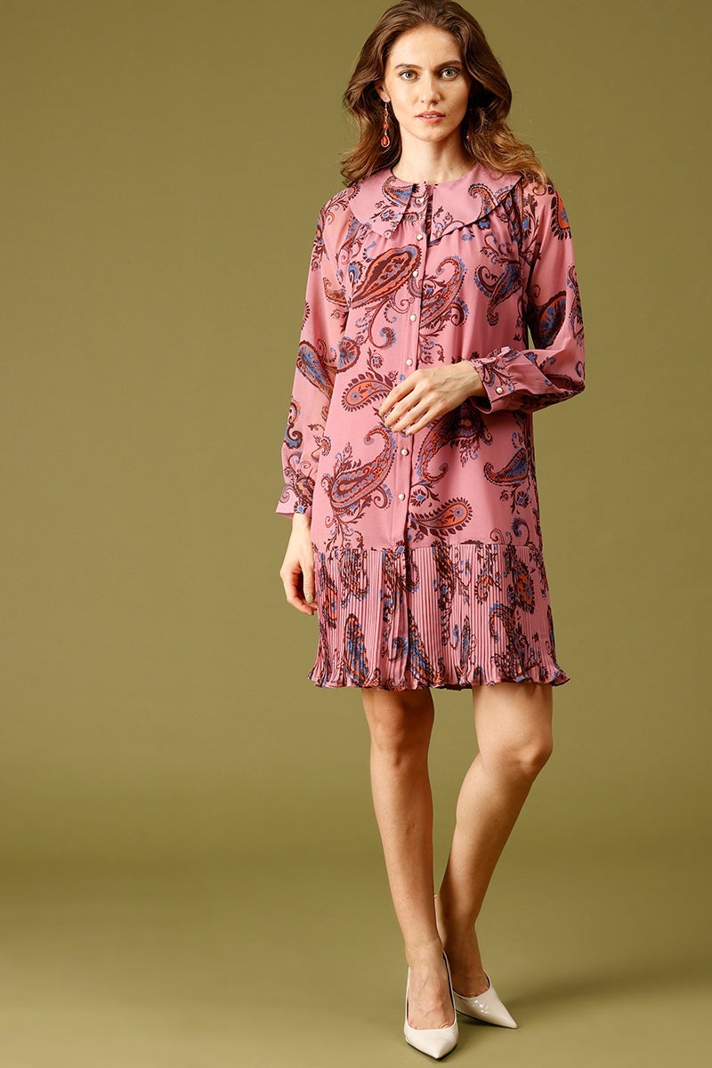 Dusky Pink Knee Length Peter Pan Collar Long Sleeves Printed Polyester Dress