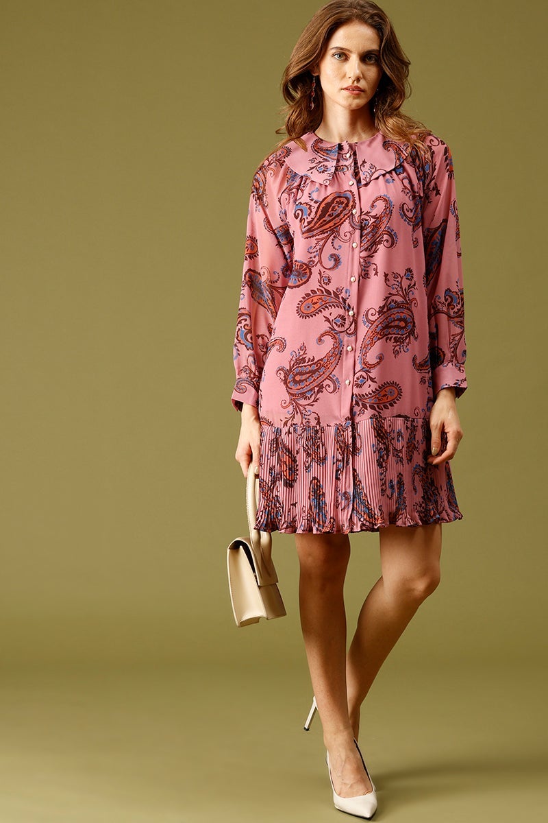 Dusky Pink Knee Length Peter Pan Collar Long Sleeves Printed Polyester Dress
