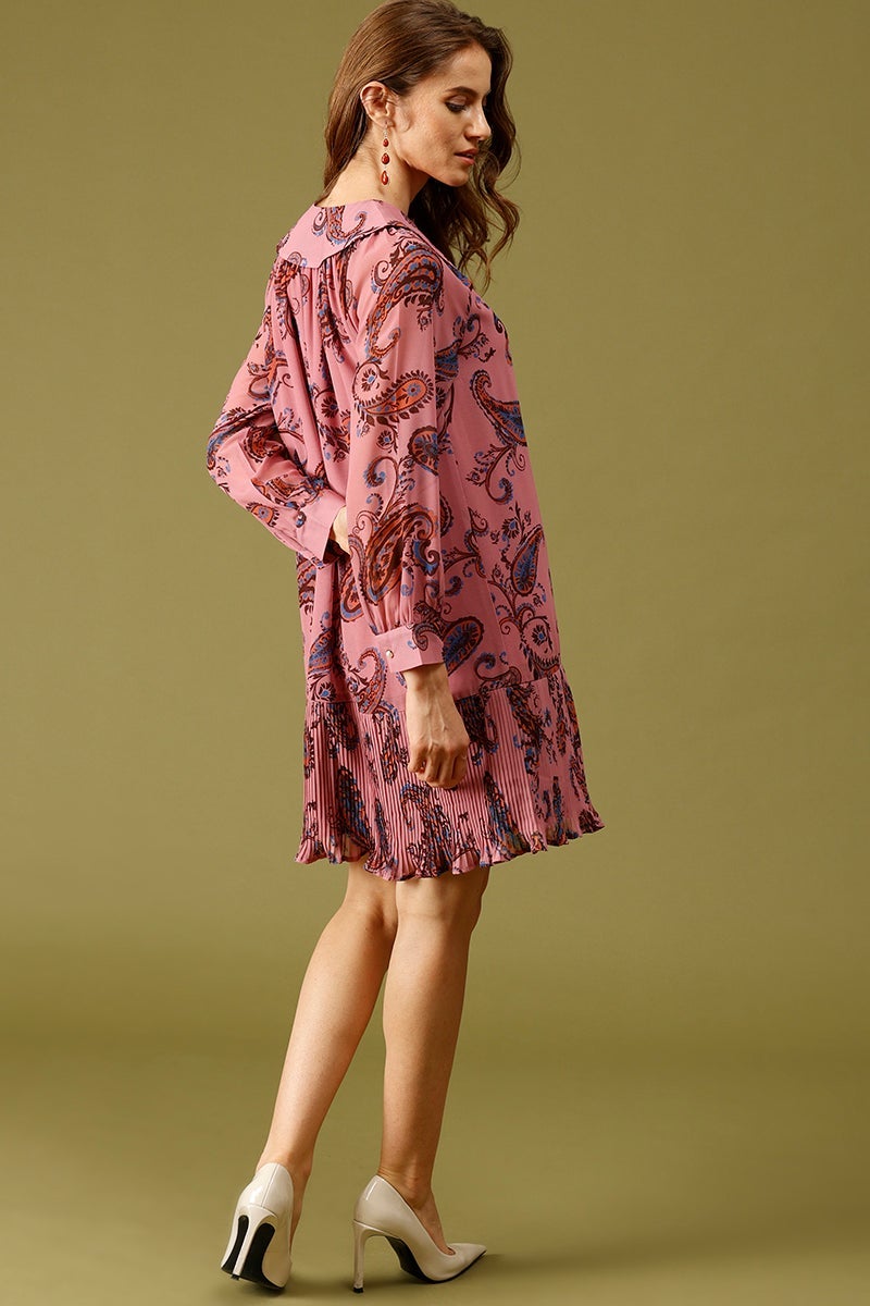 Dusky Pink Knee Length Peter Pan Collar Long Sleeves Printed Polyester Dress