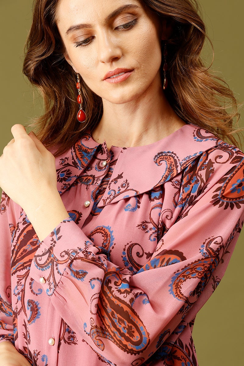 Dusky Pink Knee Length Peter Pan Collar Long Sleeves Printed Polyester Dress