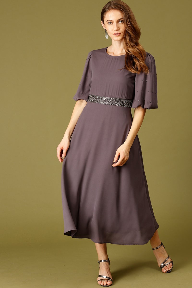 Dark Grey Midi Length Round Neck Polyester Dress