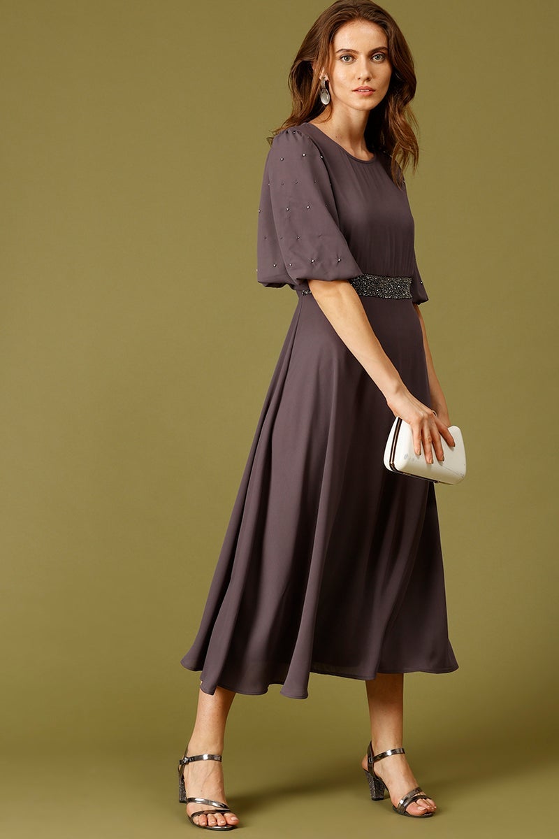 Dark Grey Midi Length Round Neck Polyester Dress