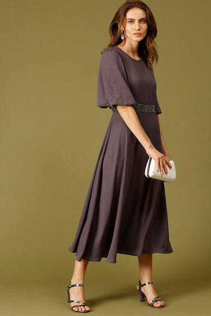 Dark Grey Midi Length Round Neck Polyester Dress