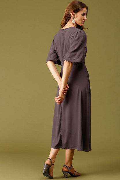 Dark Grey Midi Length Round Neck Polyester Dress