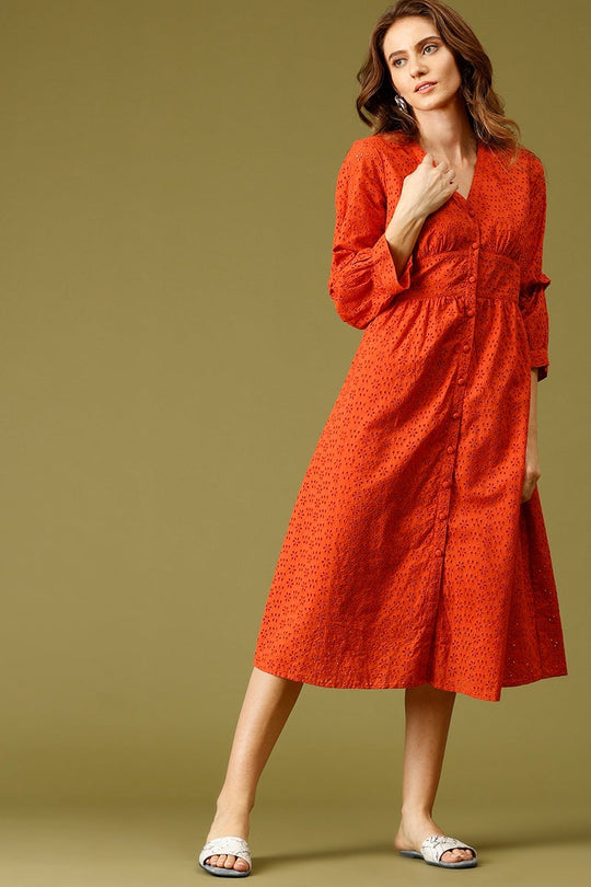 Burnished Sunset Midi Length V-Neck Cotton Dress