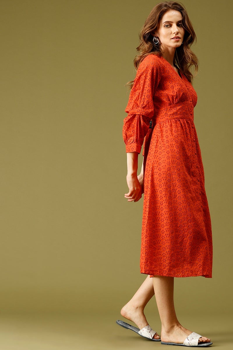 Burnished Sunset Midi Length V-Neck Cotton Dress