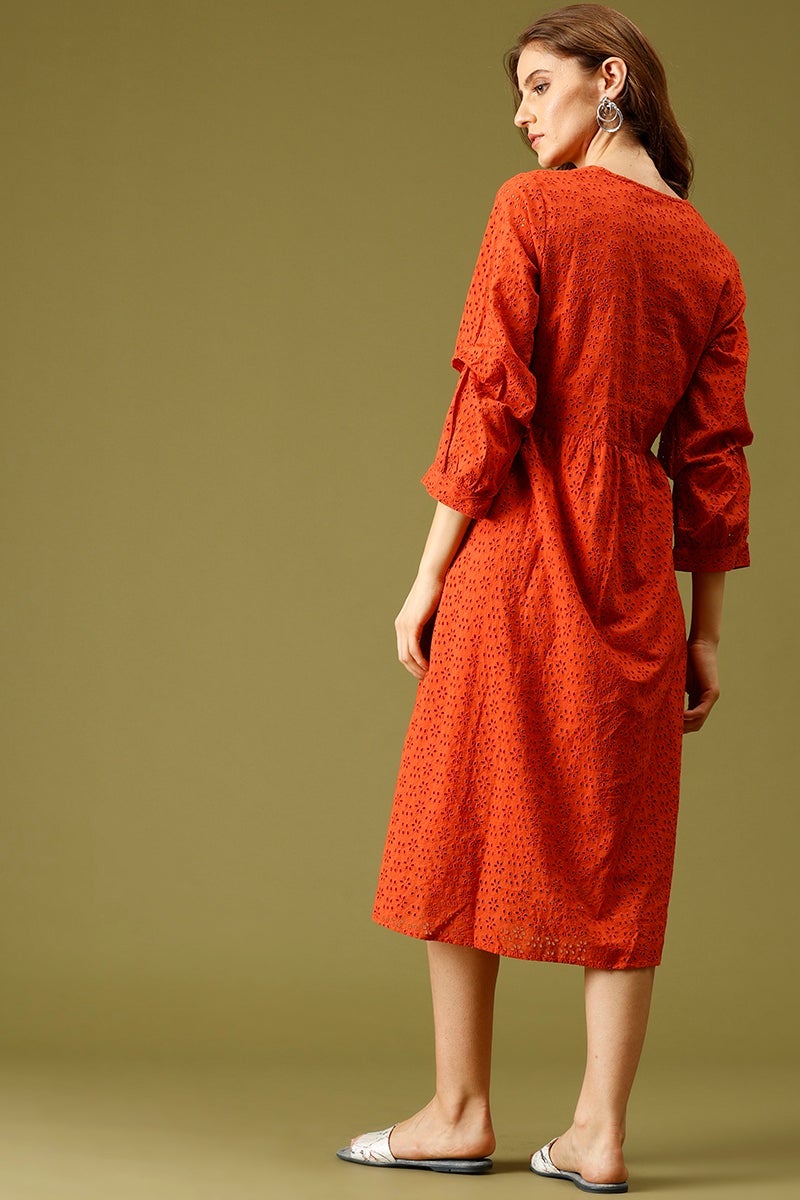 Burnished Sunset Midi Length V-Neck Cotton Dress