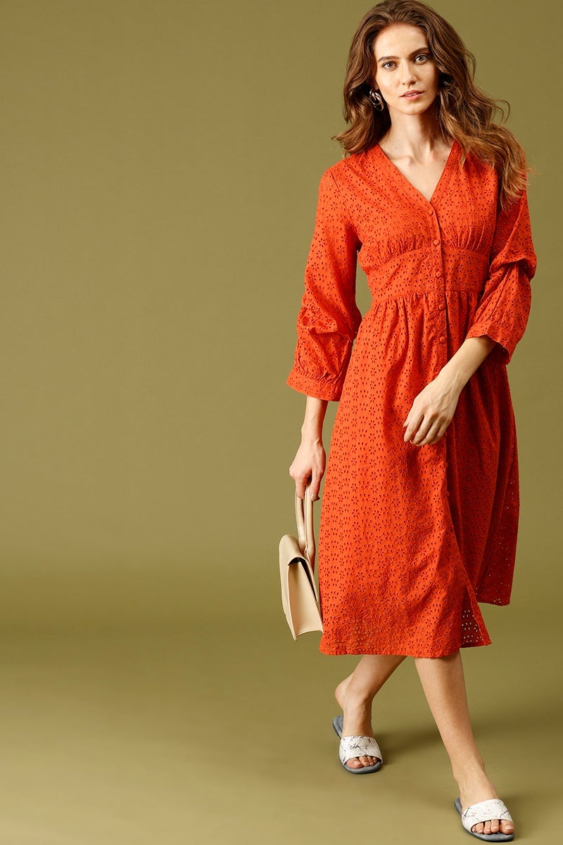 Burnished Sunset Midi Length V-Neck Cotton Dress